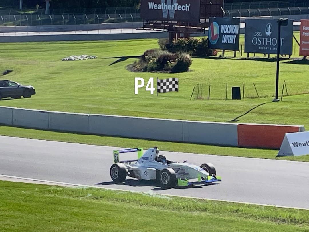 The white number 62 formula car on track in Will’s Runoffs qualifying post, with a P4 graphic.